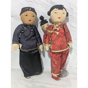 Ada Lum Cloth Vintage Couple & Child With Stands 50's Era Dolls